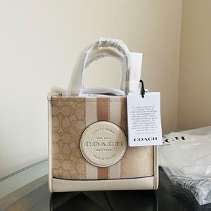 Coach Dempsey Tote 22 In Signature Jacquard With Stripe And Coach Patch Khaki